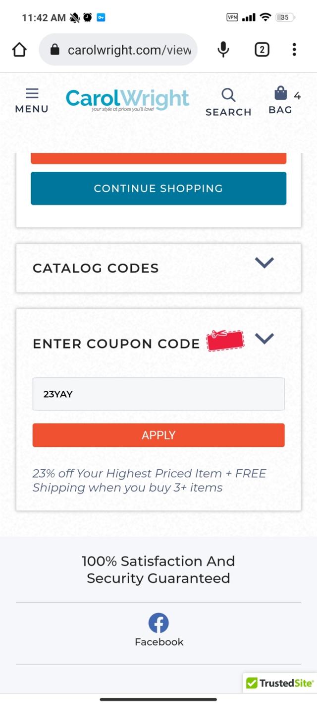 Carol Wright Gifts checkout page showing Carol Wright Gifts coupon code box | Screenshot taken by SimplyCodes community member on Jan 1, 2023
