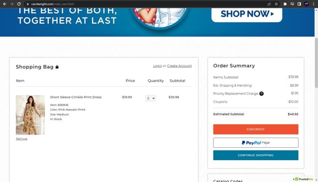 Carol Wright Gifts checkout page showing Carol Wright Gifts coupon code box | Screenshot taken by SimplyCodes community member on Mar 23, 2023