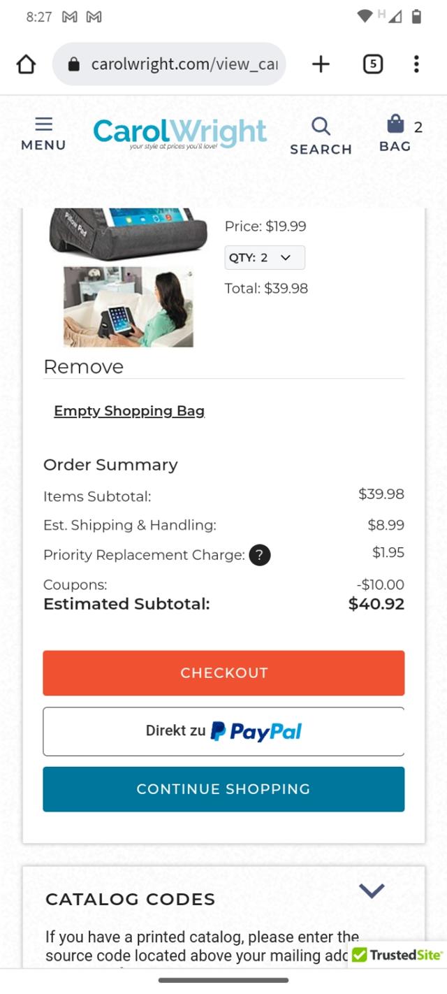 Carol Wright Gifts checkout page showing Carol Wright Gifts coupon code box | Screenshot taken by SimplyCodes community member on Feb 22, 2023