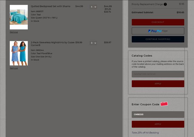 Carol Wright Gifts checkout page showing Carol Wright Gifts coupon code box | Screenshot taken by SimplyCodes community member on May 26, 2023