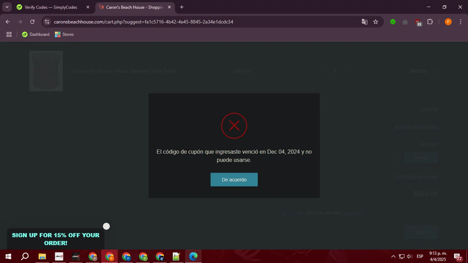 Caron's Beach House checkout page showing Caron's Beach House promo code box | Screenshot taken by SimplyCodes community member on Apr 5, 2025