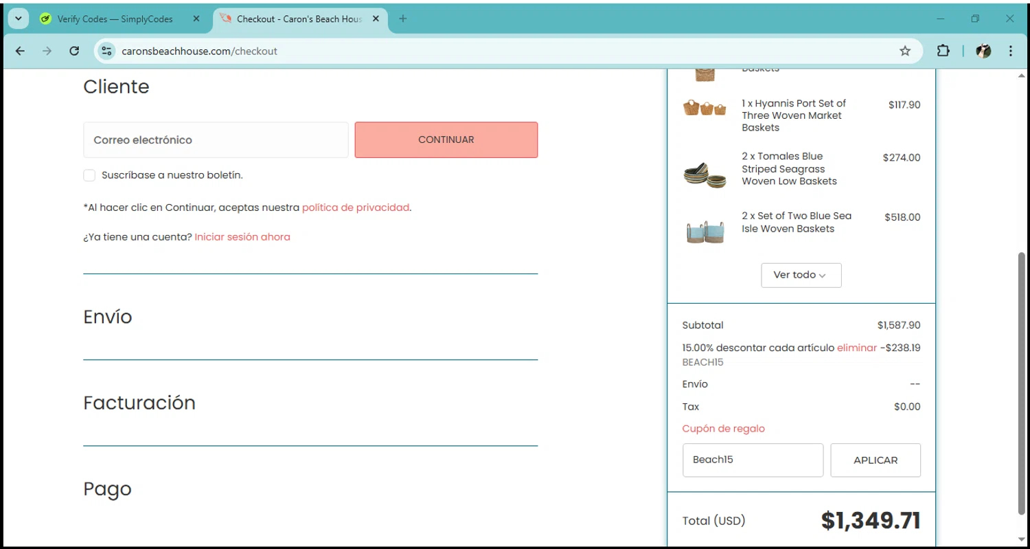 Caron's Beach House checkout page showing Caron's Beach House promo code box | Screenshot taken by SimplyCodes community member on Apr 4, 2025