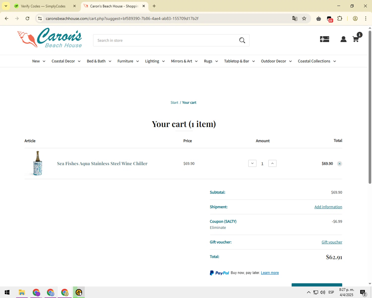 Caron's Beach House checkout page showing Caron's Beach House promo code box | Screenshot taken by SimplyCodes community member on Apr 5, 2025