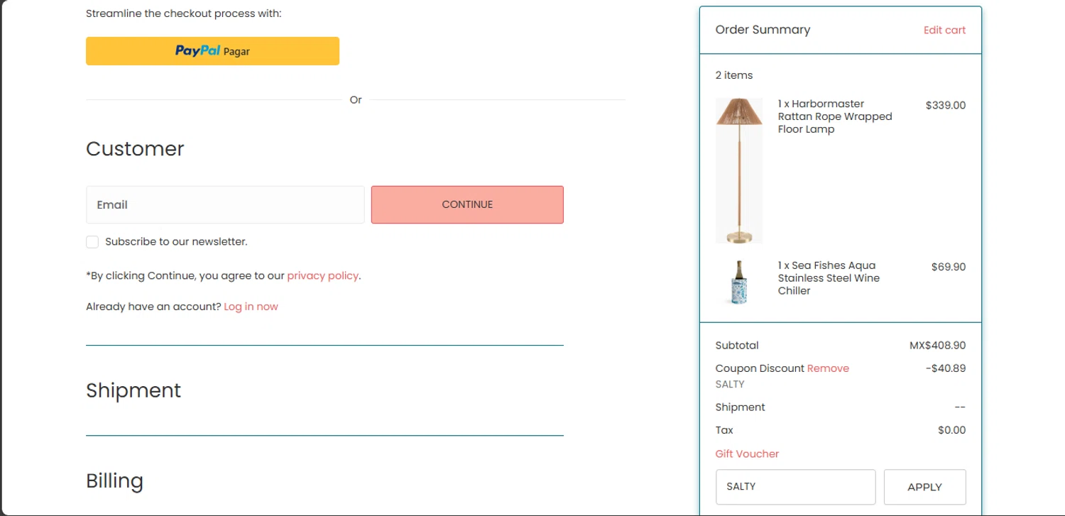 Caron's Beach House checkout page showing Caron's Beach House promo code box | Screenshot taken by SimplyCodes community member on Apr 5, 2025