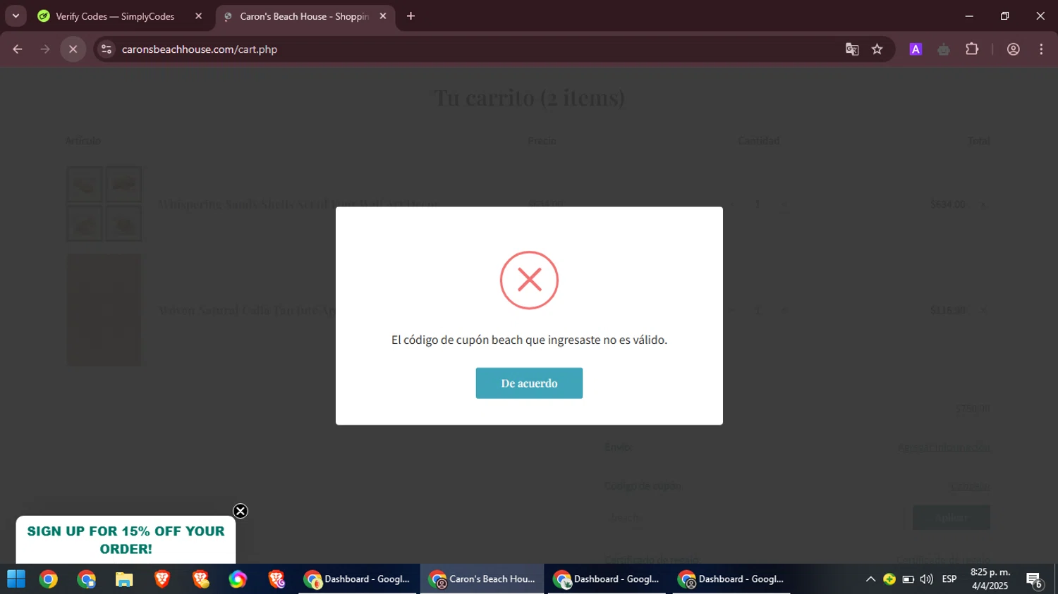 Caron's Beach House promo code screenshot showing code beach applied at Caron's Beach House checkout page. Uploaded by SimplyCodes community member CouponGuardian8137 on Apr 5, 2025
