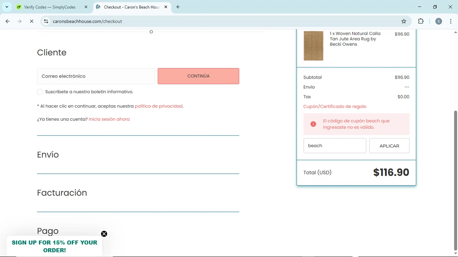 Caron's Beach House promo code screenshot showing code beach applied at Caron's Beach House checkout page. Uploaded by SimplyCodes community member EpicScholar6418 on Apr 5, 2025