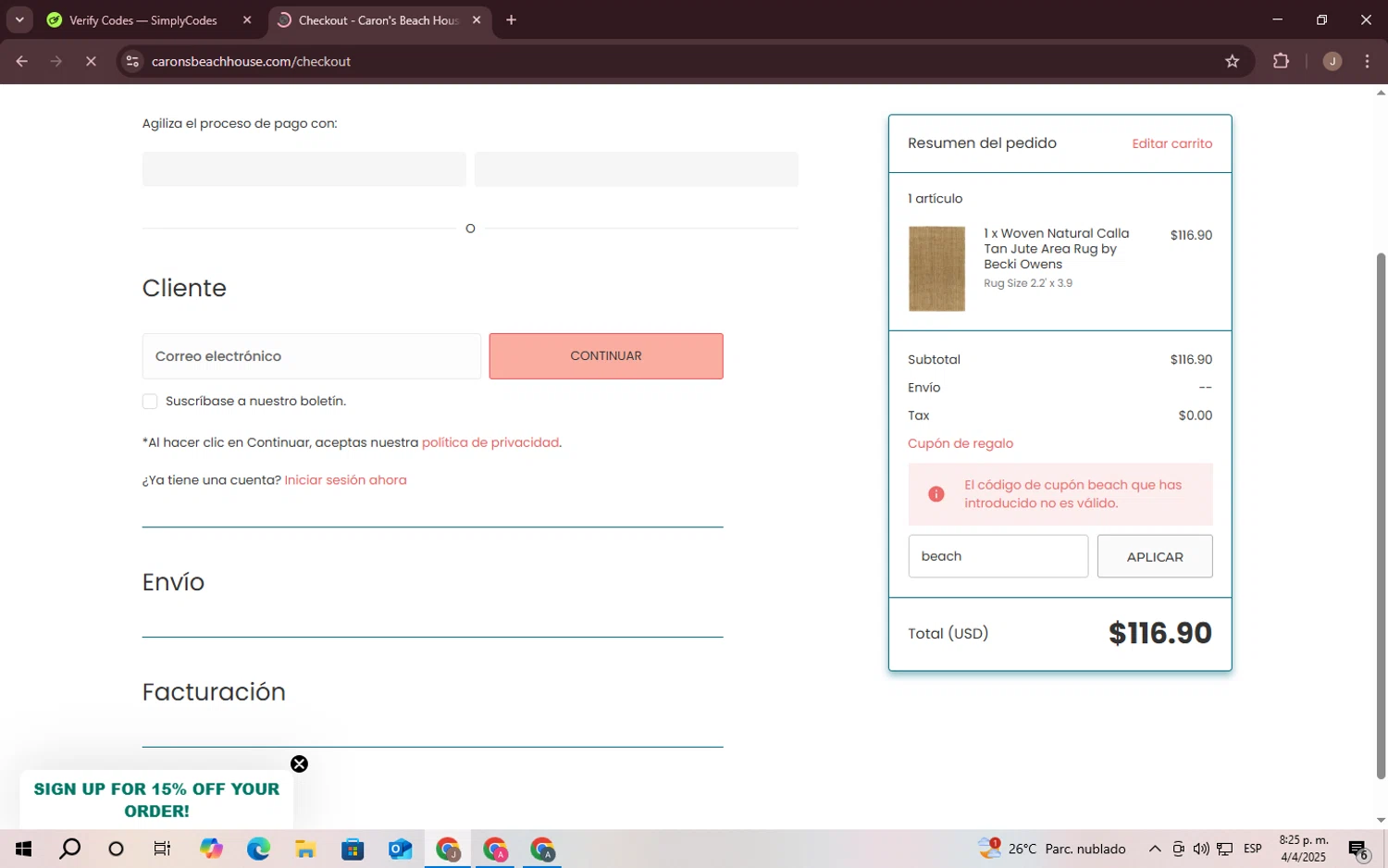 Caron's Beach House promo code screenshot showing code beach applied at Caron's Beach House checkout page. Uploaded by SimplyCodes community member CrownChaser949 on Apr 5, 2025