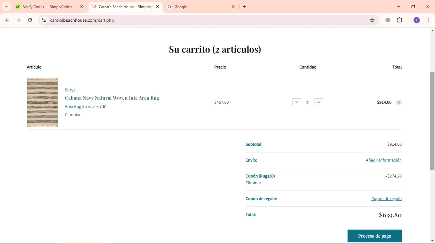Caron's Beach House promo code screenshot showing code Rugs30 applied at Caron's Beach House checkout page. Uploaded by SimplyCodes community member ExtraordinaryBoss3426 on Jan 4, 2025