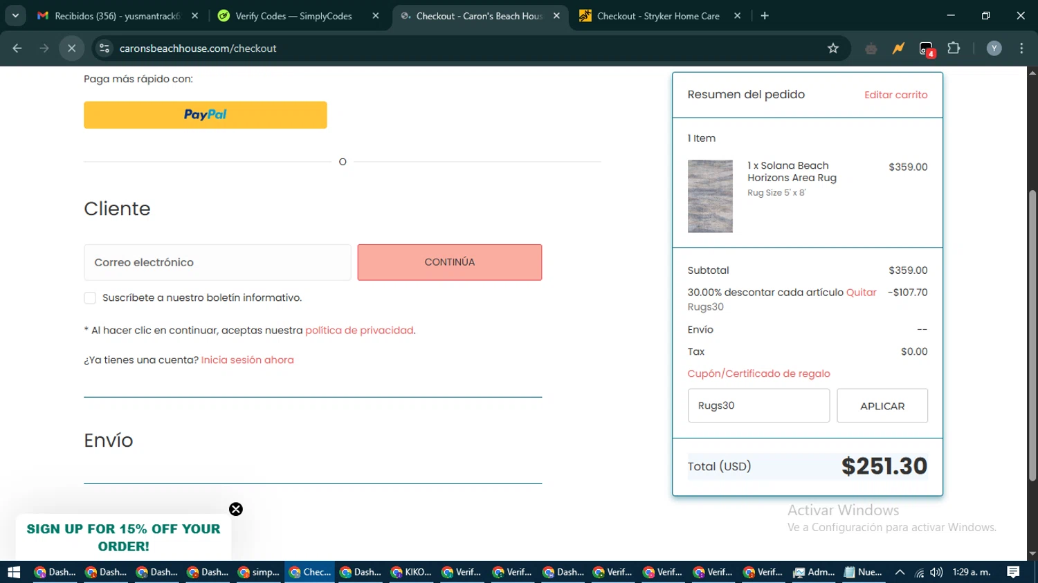 Caron's Beach House promo code screenshot showing code Rugs30 applied at Caron's Beach House checkout page. Uploaded by SimplyCodes community member MoneyTiger5162 on Apr 4, 2025