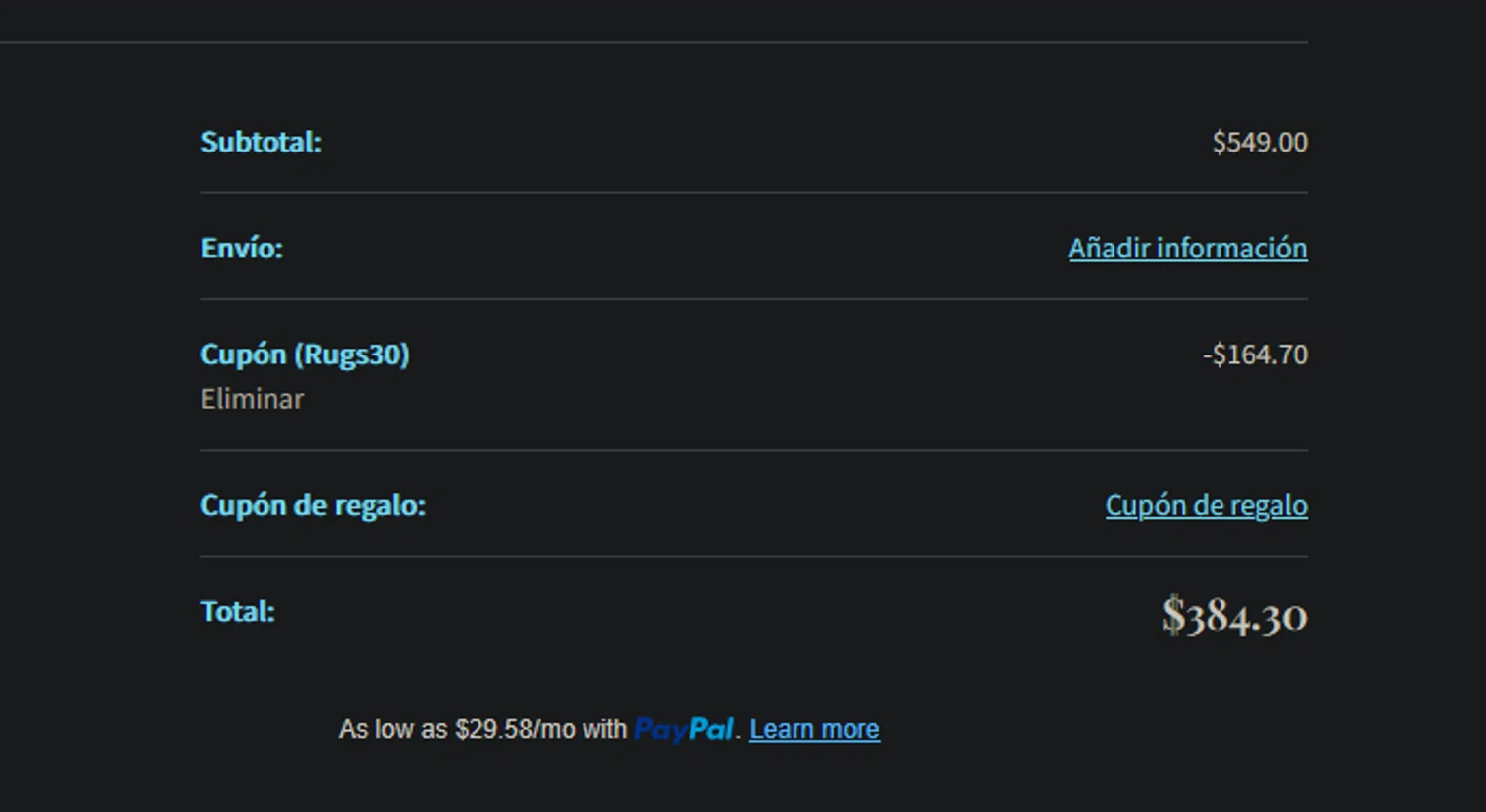 Caron's Beach House promo code screenshot showing code Rugs30 applied at Caron's Beach House checkout page. Uploaded by SimplyCodes community member xocelot44x on Oct 21, 2025