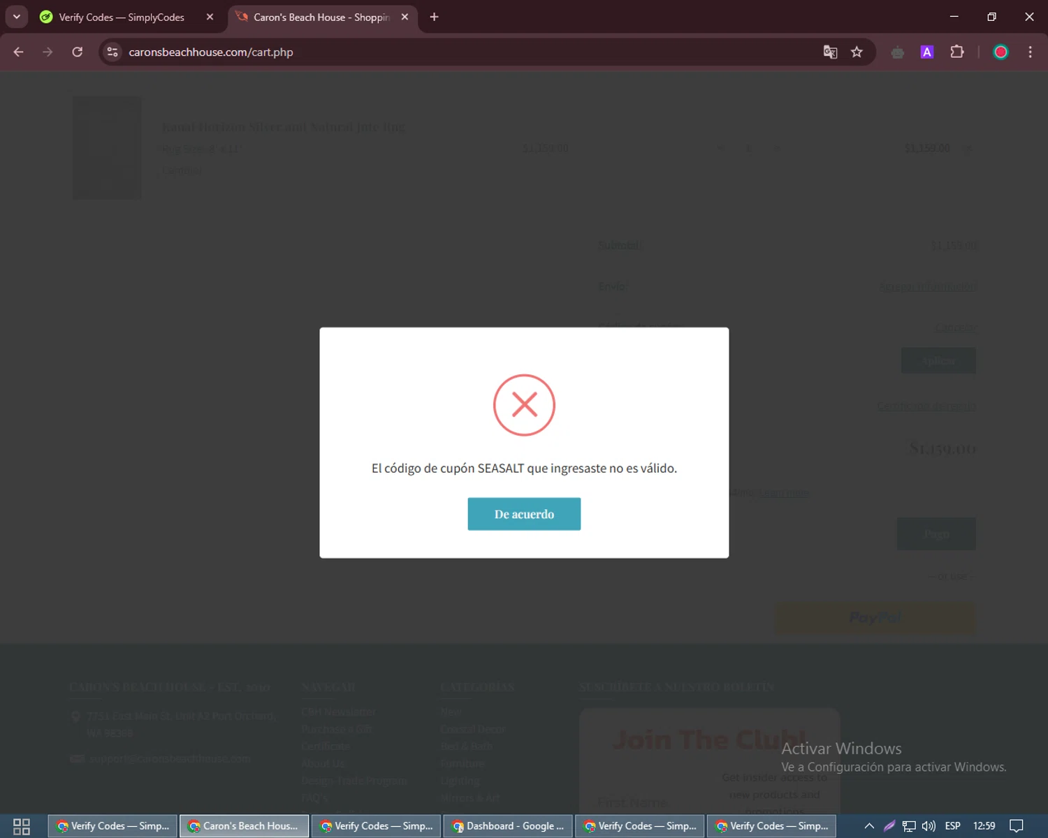 Caron's Beach House promo code screenshot showing code SEASALT applied at Caron's Beach House checkout page. Uploaded by SimplyCodes community member David_Garcia on Apr 5, 2025