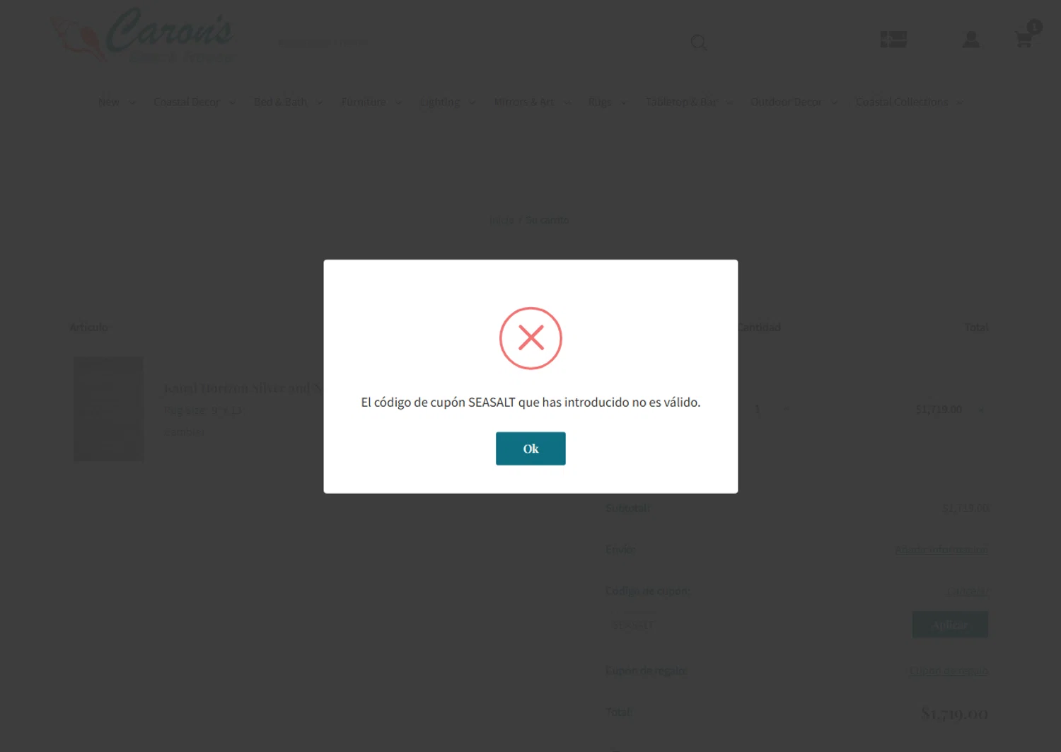 Caron's Beach House promo code screenshot showing code SEASALT applied at Caron's Beach House checkout page. Uploaded by SimplyCodes community member Leannysv7lla on Apr 5, 2025