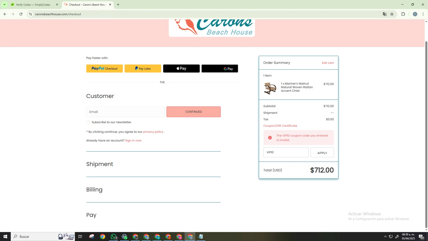 Caron's Beach House promo code screenshot showing code VIP10 applied at Caron's Beach House checkout page. Uploaded by SimplyCodes community member CashScholar6568 on Apr 5, 2025