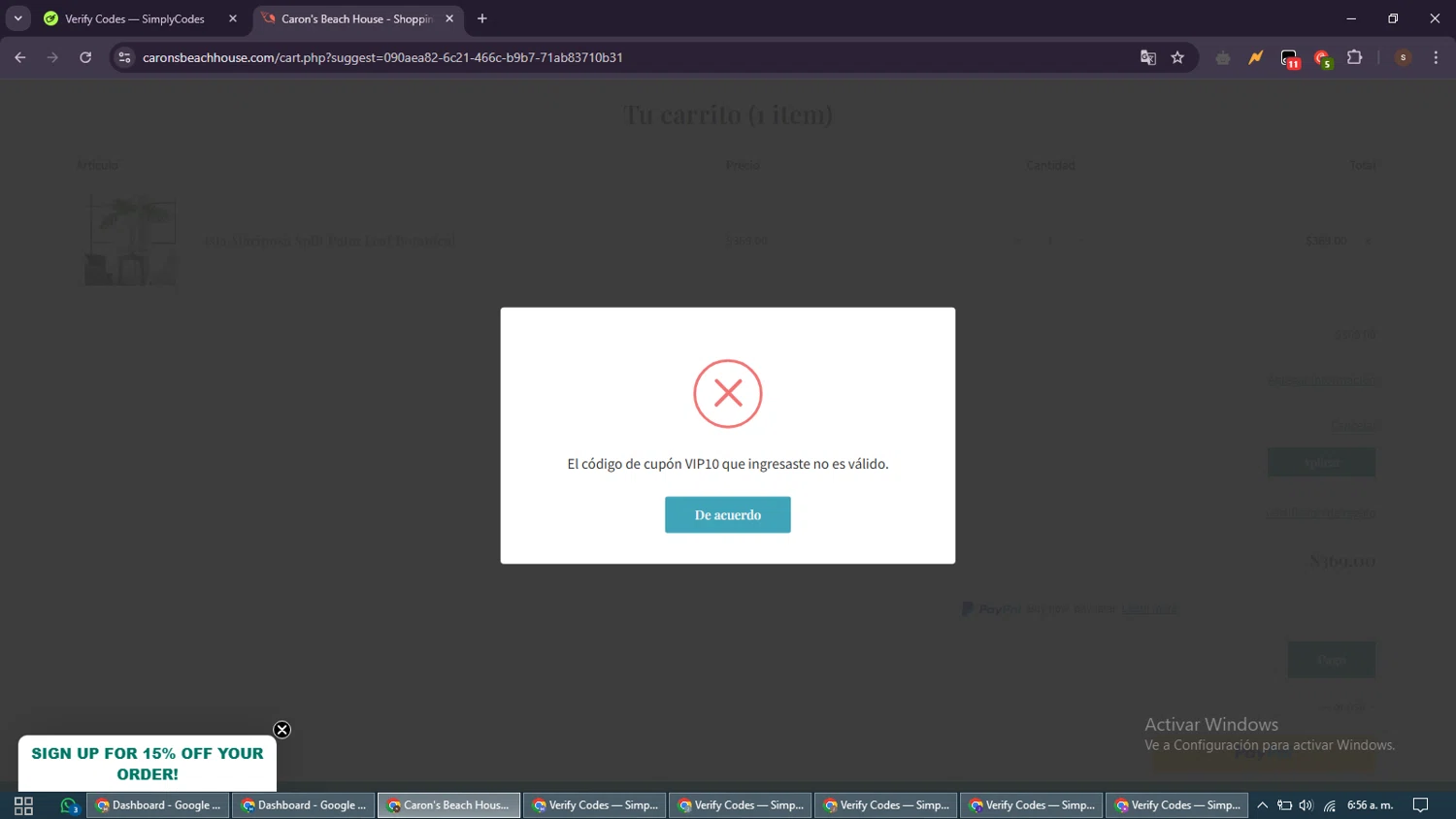 Caron's Beach House promo code screenshot showing code VIP10 applied at Caron's Beach House checkout page. Uploaded by SimplyCodes community member GoldSentinel1426 on Apr 5, 2025