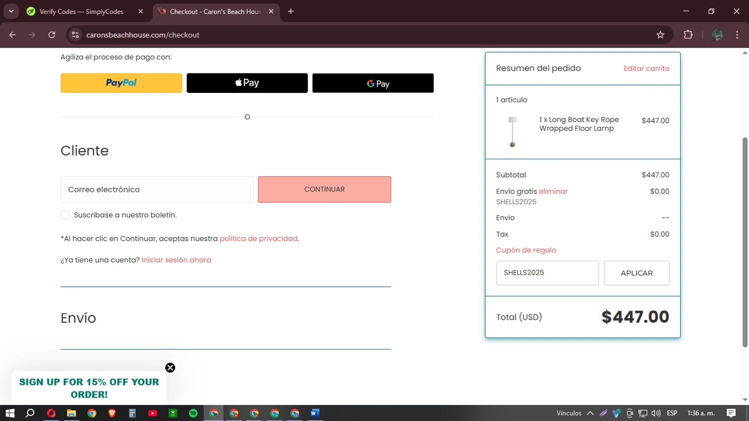 Caron's Beach House checkout page showing Caron's Beach House promo code box | Screenshot taken by SimplyCodes community member on Apr 4, 2025