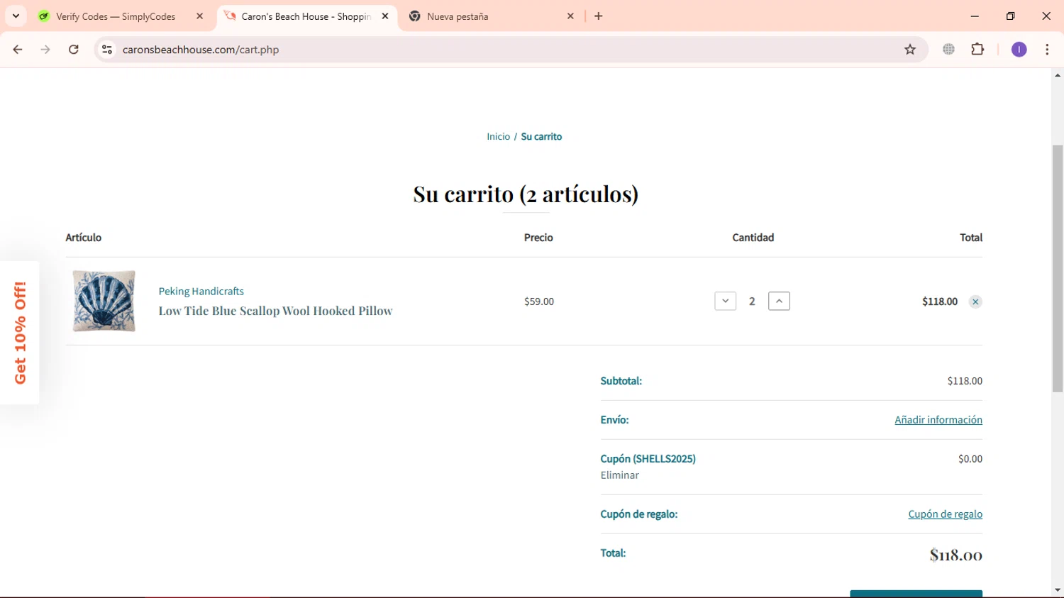 Caron's Beach House checkout page showing Caron's Beach House promo code box | Screenshot taken by SimplyCodes community member on Feb 20, 2025