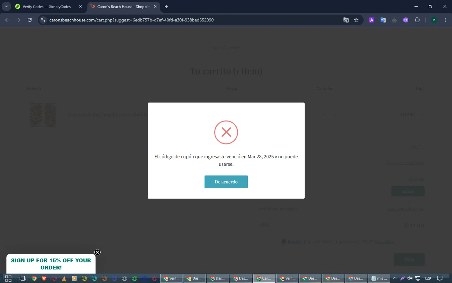 Caron's Beach House promo code screenshot showing code SEAVIEW applied at Caron's Beach House checkout page. Uploaded by SimplyCodes community member ScanCurator288 on Apr 4, 2025
