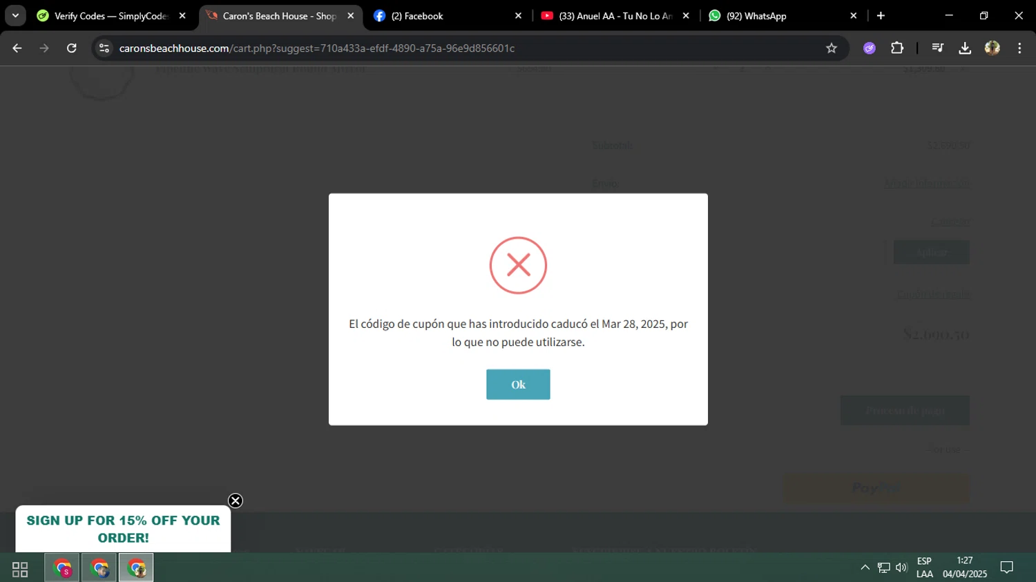 Caron's Beach House promo code screenshot showing code SEAVIEW applied at Caron's Beach House checkout page. Uploaded by SimplyCodes community member Tralalelo on Apr 4, 2025