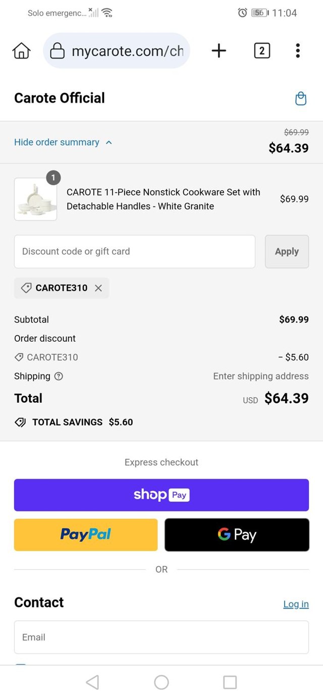 Carote checkout page showing Carote promo code box | Screenshot taken by SimplyCodes community member on Jun 5, 2024