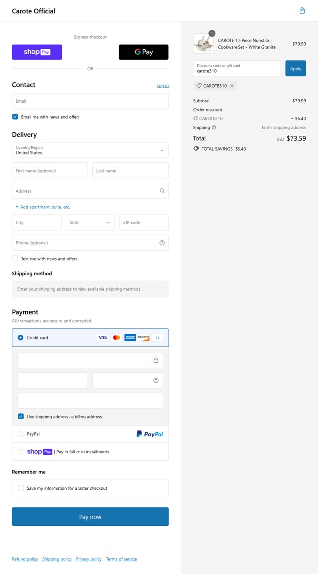 Carote checkout page showing Carote promo code box | Screenshot taken by SimplyCodes community member on Mar 9, 2024
