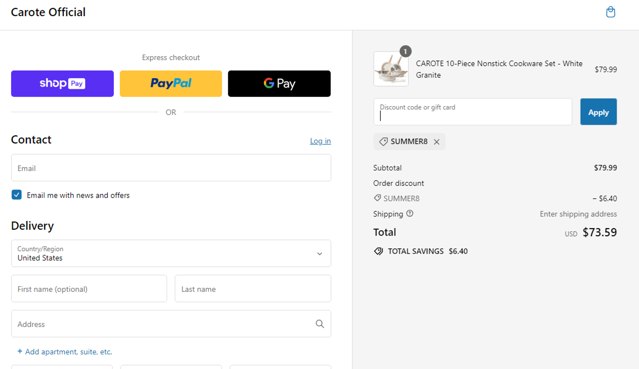 Carote checkout page showing Carote promo code box | Screenshot taken by SimplyCodes community member on Mar 9, 2024
