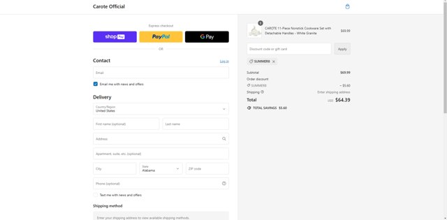 Carote checkout page showing Carote promo code box | Screenshot taken by SimplyCodes community member on Jun 5, 2024