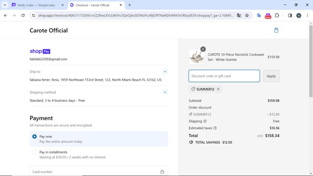 Carote checkout page showing Carote promo code box | Screenshot taken by SimplyCodes community member on Feb 2, 2024