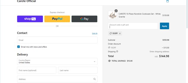 Carote checkout page showing Carote promo code box | Screenshot taken by SimplyCodes community member on Mar 9, 2024