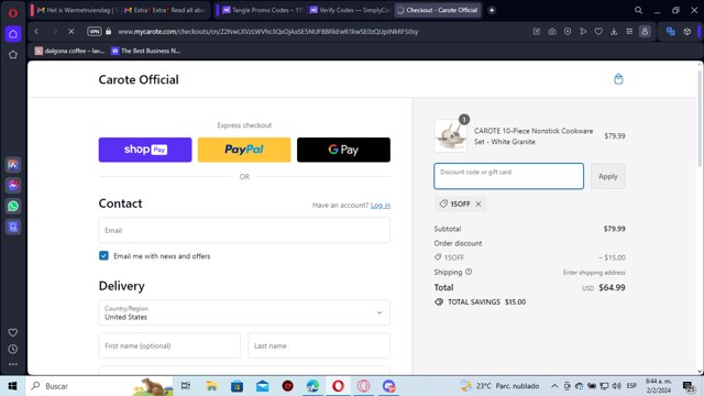 Carote checkout page showing Carote promo code box | Screenshot taken by SimplyCodes community member on Feb 2, 2024
