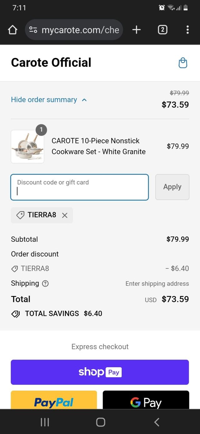 Carote checkout page showing Carote promo code box | Screenshot taken by SimplyCodes community member on Feb 1, 2024