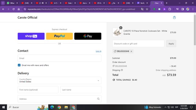 Carote checkout page showing Carote promo code box | Screenshot taken by SimplyCodes community member on Mar 28, 2024