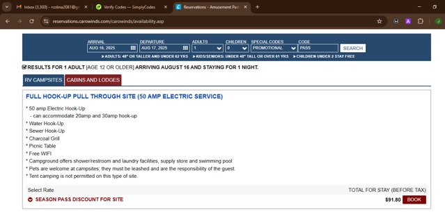 Carowinds checkout page showing Carowinds promo code box | Screenshot taken by SimplyCodes community member on Aug 16, 2025