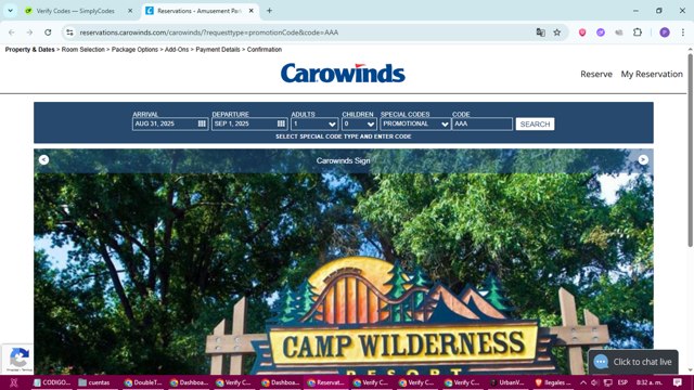 Carowinds checkout page showing Carowinds promo code box | Screenshot taken by SimplyCodes community member on Aug 31, 2025