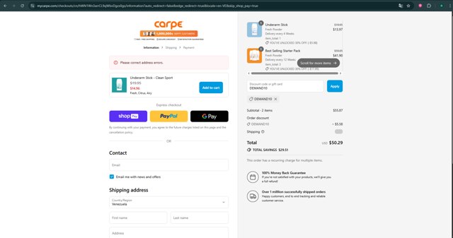 Carpe checkout page showing Carpe discount code box | Screenshot taken by SimplyCodes community member on Aug 7, 2025