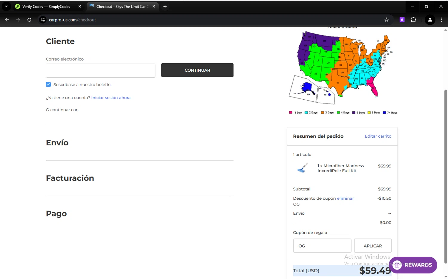 CarPro coupon code screenshot showing code OG applied at CarPro checkout page. Uploaded by SimplyCodes community member hugofraile on Mar 16, 2025