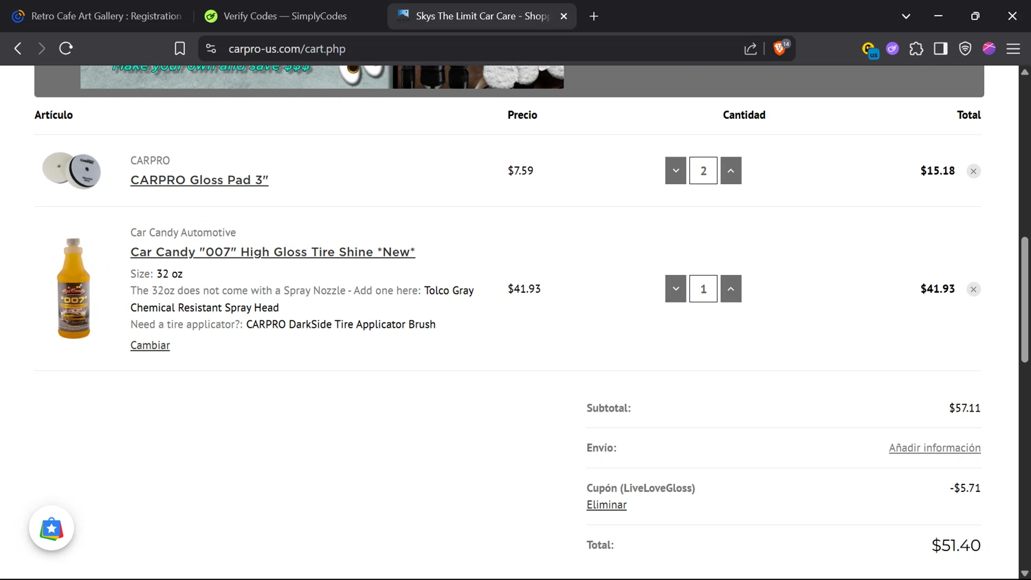 CarPro coupon code screenshot showing code LiveLoveGloss applied at CarPro checkout page. Uploaded by SimplyCodes community member comidaparallevar on May 10, 2025