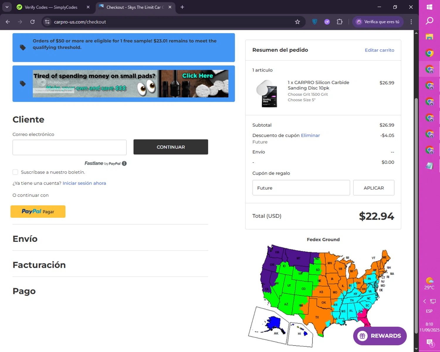 CarPro coupon code screenshot showing code Future applied at CarPro checkout page. Uploaded by SimplyCodes community member CoinRanger7926 on Sep 11, 2025