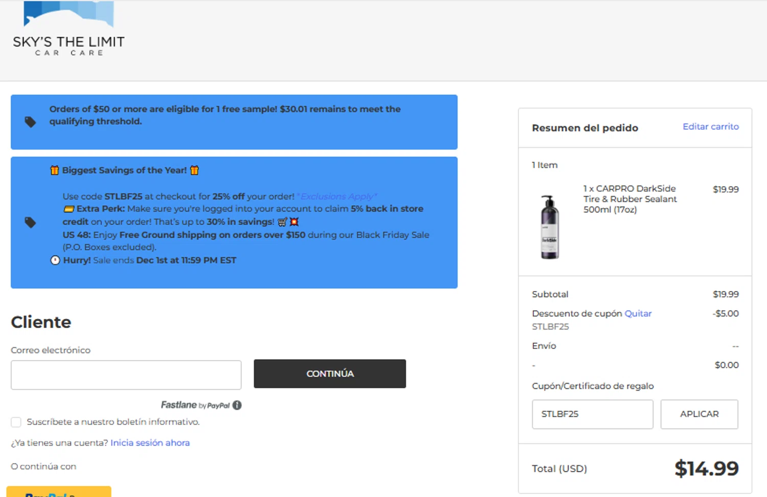 CarPro checkout page showing CarPro coupon code box | Screenshot taken by SimplyCodes community member on Nov 25, 2025