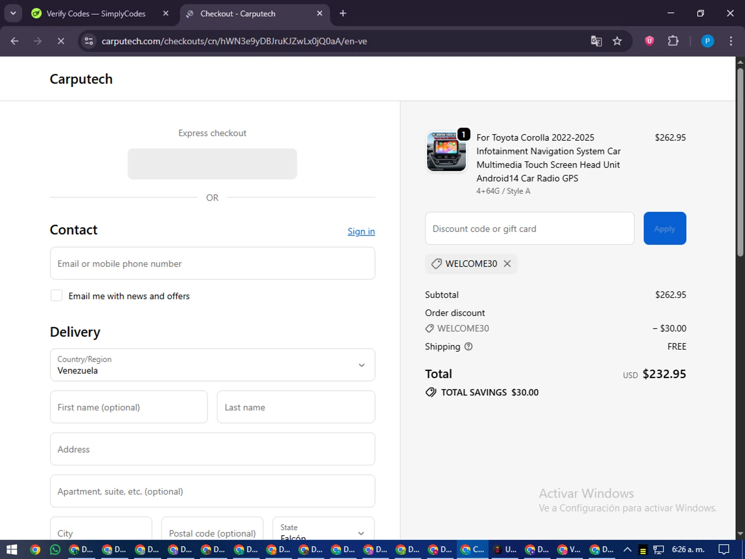 Carputech promo code screenshot showing code WELCOME30 applied at Carputech checkout page. Uploaded by SimplyCodes community member juiceWRLD on Oct 2, 2025