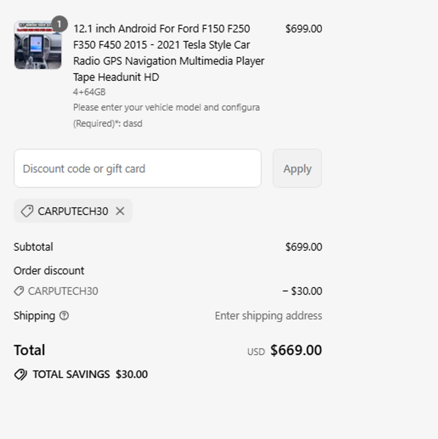 Carputech promo code screenshot showing code Carputech30 applied at Carputech checkout page. Uploaded by SimplyCodes community member paquitin29 on Aug 11, 2025