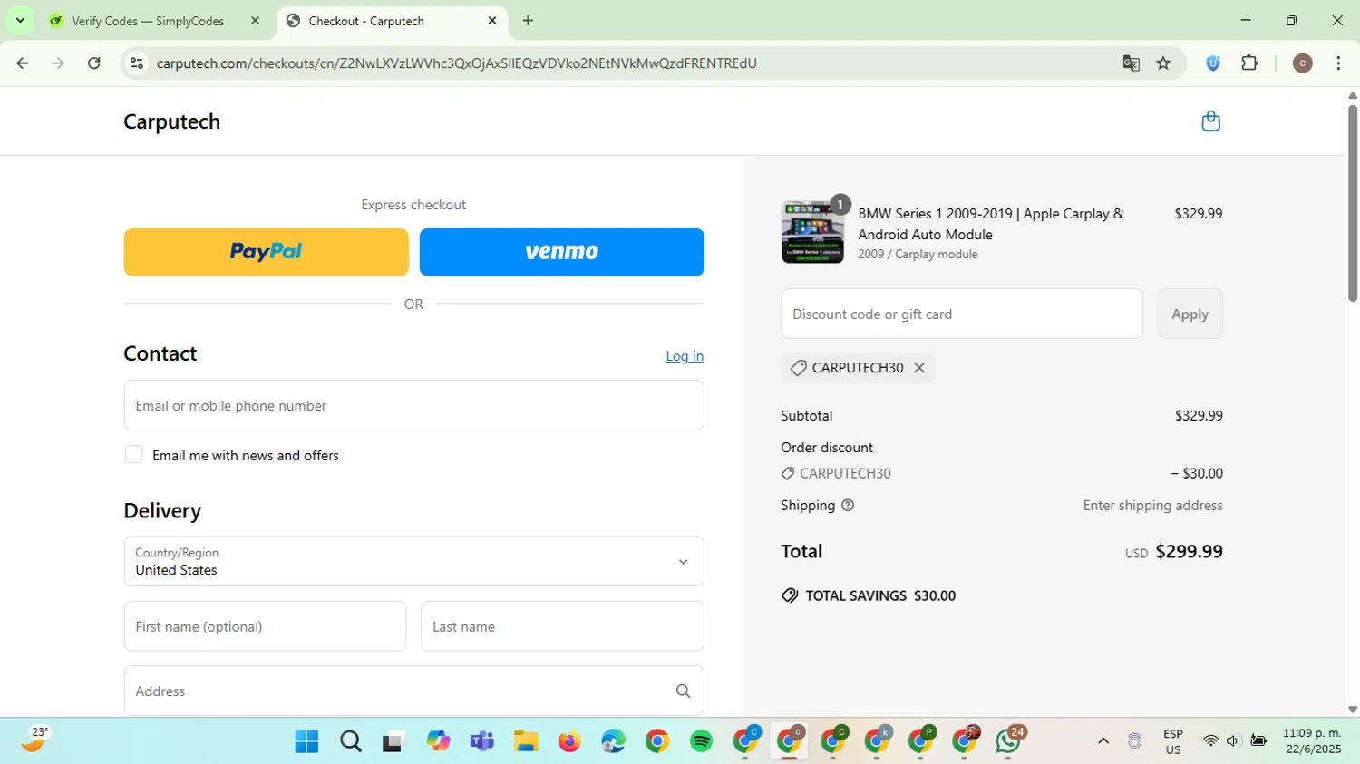 Carputech promo code screenshot showing code Carputech30 applied at Carputech checkout page. Uploaded by SimplyCodes community member NobleExpert6497 on Jun 23, 2025