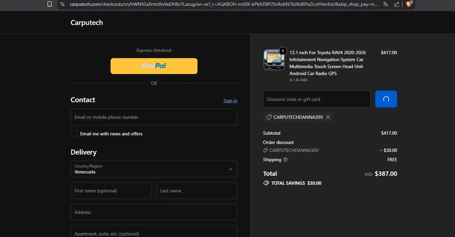 Carputech promo code screenshot showing code carputechdanna30v applied at Carputech checkout page. Uploaded by SimplyCodes community member LegendarySeeker3956 on Feb 21, 2026