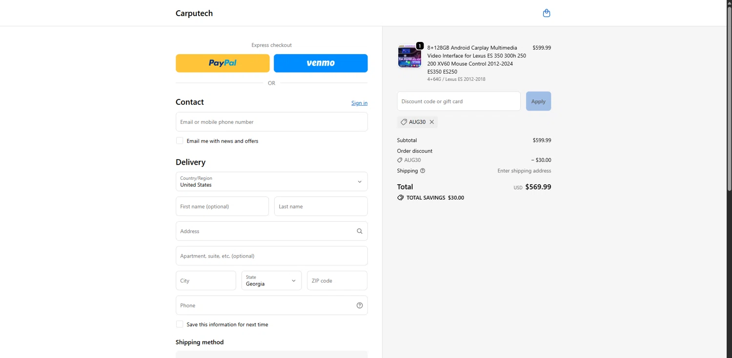 Carputech promo code screenshot showing code Aug30 applied at Carputech checkout page. Uploaded by SimplyCodes community member ScanSpotter1700 on Oct 10, 2025