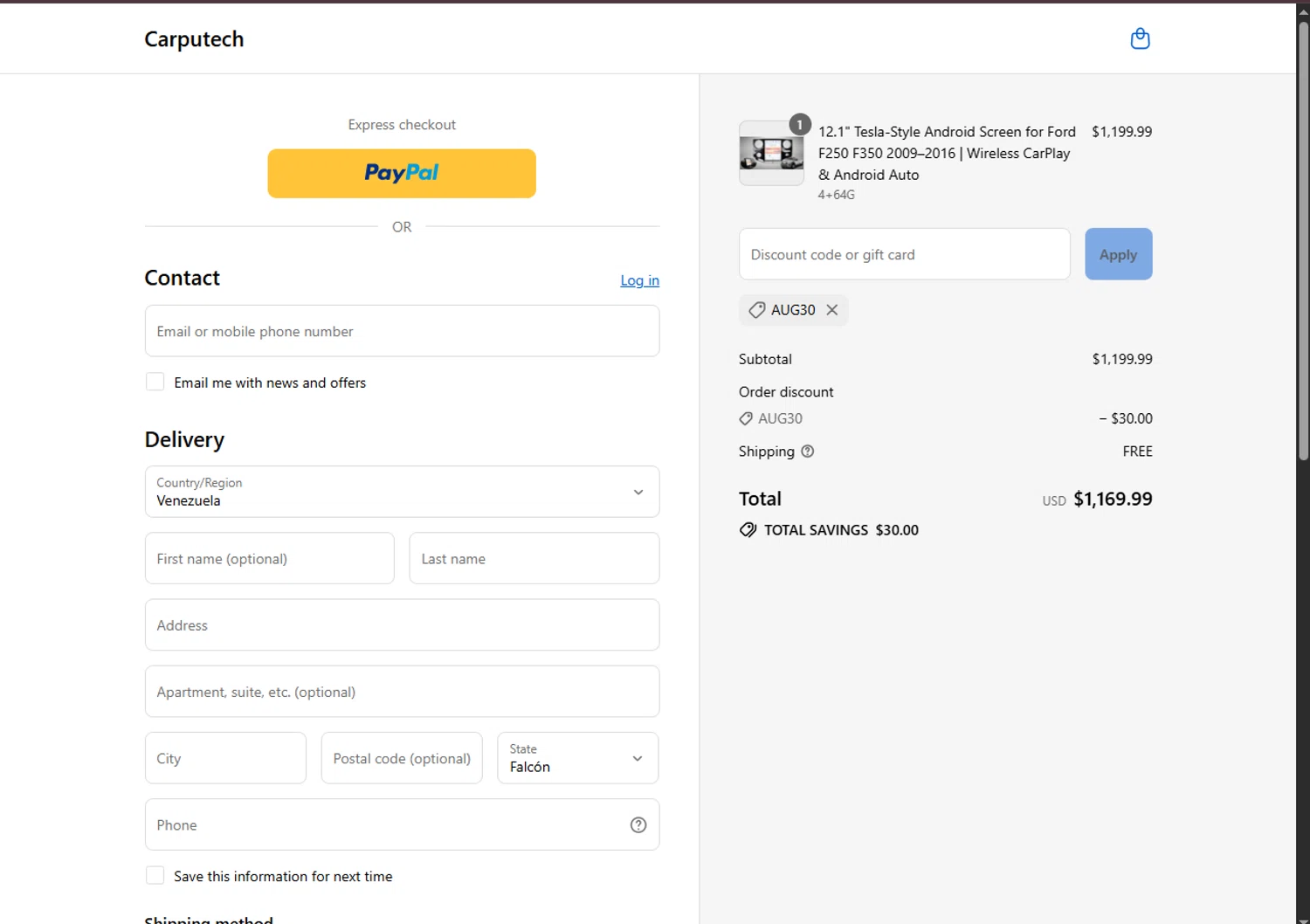 Carputech promo code screenshot showing code Aug30 applied at Carputech checkout page. Uploaded by SimplyCodes community member WonderVirtuoso3484 on Aug 29, 2025
