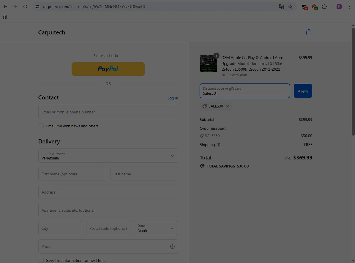 Carputech promo code screenshot showing code Sales30 applied at Carputech checkout page. Uploaded by SimplyCodes community member GloriousMaven6295 on Aug 29, 2025