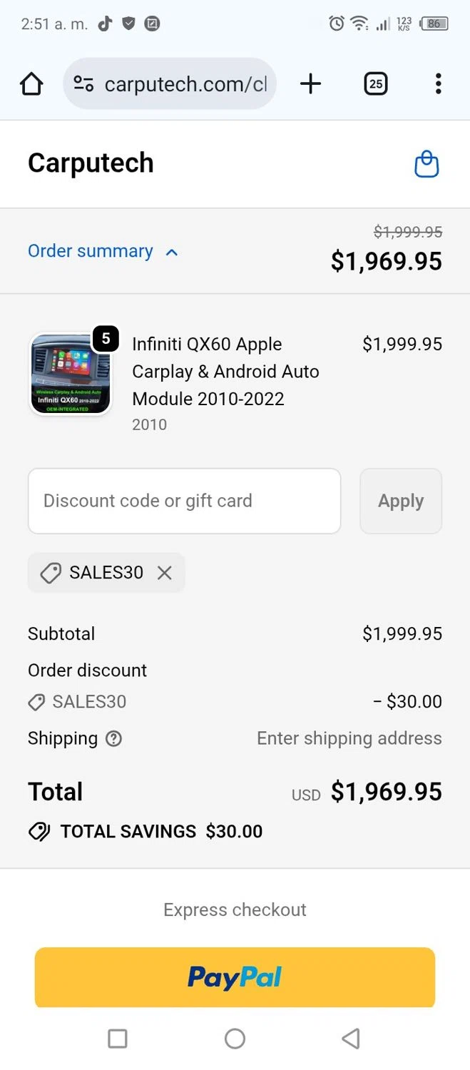 Carputech promo code screenshot showing code Sales30 applied at Carputech checkout page. Uploaded by SimplyCodes community member Kikaaa on Oct 14, 2025