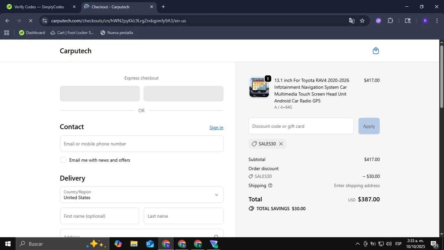 Carputech promo code screenshot showing code Sales30 applied at Carputech checkout page. Uploaded by SimplyCodes community member Mykeusername on Oct 10, 2025