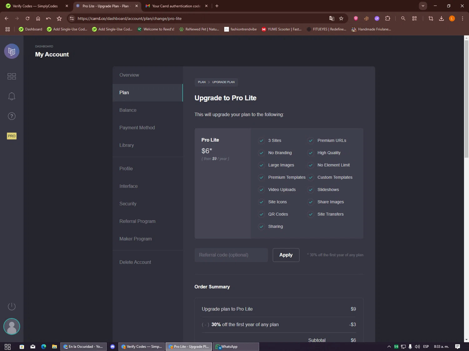 Carrd promo code screenshot showing code 30FP applied at Carrd checkout page. Uploaded by SimplyCodes community member Alalee on Sep 21, 2025