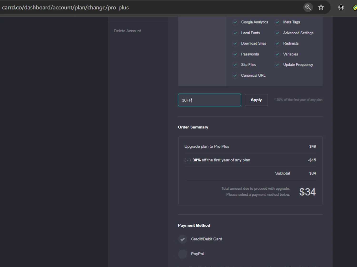 Carrd promo code screenshot showing code 30FP applied at Carrd checkout page. Uploaded by SimplyCodes community member gilbertrondon on Oct 29, 2025