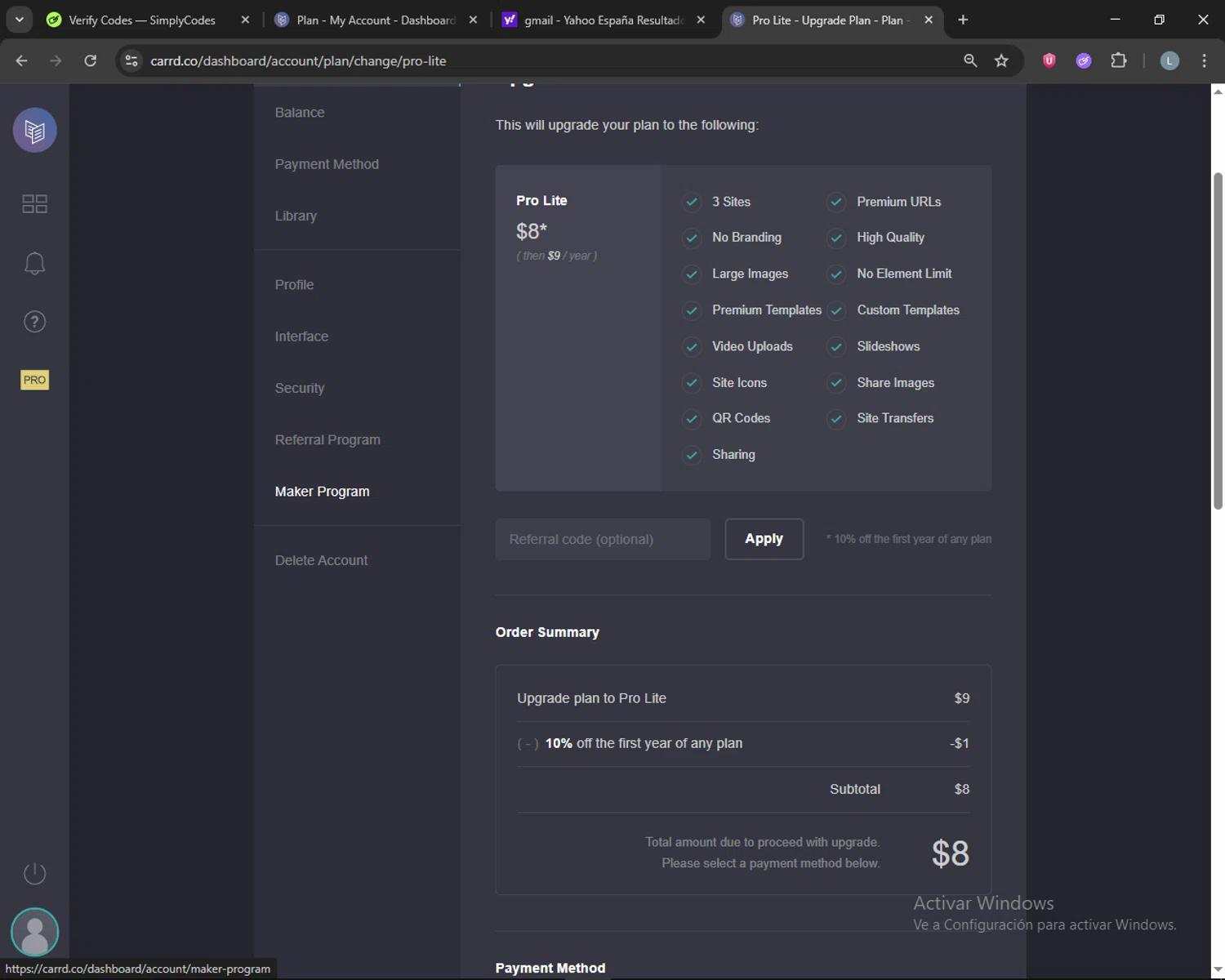 Carrd checkout page showing Carrd promo code box | Screenshot taken by SimplyCodes community member on Feb 5, 2026
